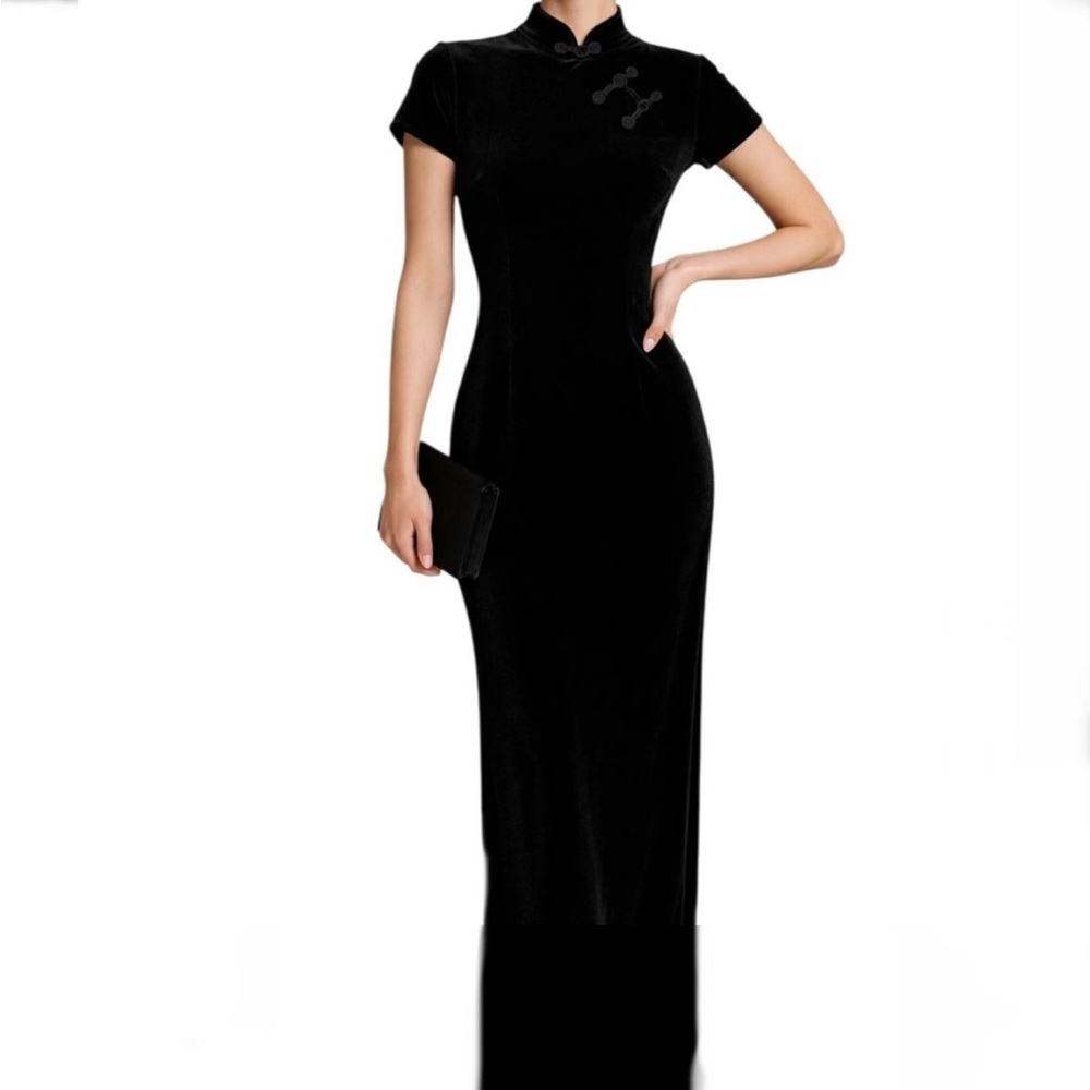 Vtg Black Velvet Cheongsam Whimsigoth Maxi Qipao Devoré Mandarin Collar Dress M - Picture 2 of 11